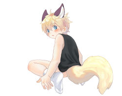 Rule 34 | 1boy, animal ears, blonde hair, blue eyes, blush, bokustar fox, bottomless, fox boy, fox ears, fox tail, from behind, full body, highres, looking at viewer, looking back, male focus, original, simple background, socks, solo, tail, tank top, white background, white socks