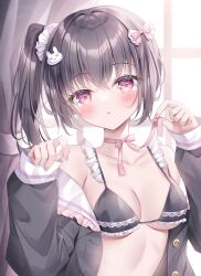 Rule 34 | 1girl, bikini, black bikini, black hair, black shirt, blush, bow, breasts, choker, collarbone, commentary request, curtains, frilled bikini, frilled sailor collar, frills, hair bow, hair ornament, hands up, highres, kohinata hoshimi, long sleeves, looking at viewer, open clothes, open shirt, original, parted lips, pink bow, pink choker, puffy long sleeves, puffy sleeves, rabbit hair ornament, ribbon choker, sailor collar, shirt, side ponytail, sleeves past wrists, small breasts, solo, swimsuit, upper body, white sailor collar, window, x x