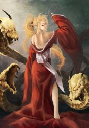 Rule 34 | 1girl, akai kitsune, arm up, back, bad id, bad pixiv id, blonde hair, byunei, clothes pull, dress pull, elf, fangs, fingernails, highres, horns, hydra, long fingernails, long hair, long sleeves, nail polish, off shoulder, pointy ears, ponytail, red eyes, red nails, romancing saga 3, saga, sash, solo, wide sleeves