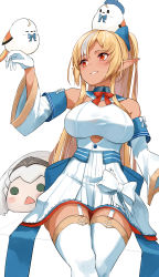 Rule 34 | 1girl, absurdres, animal, animal on head, bird, bird on hand, bird on head, blonde hair, bow, bowtie, breasts, dark-skinned female, dark skin, detached sleeves, dress, elf, elfriend (shiranui flare), feet out of frame, garter straps, highres, hololive, large breasts, long hair, looking at animal, multicolored hair, on head, parted lips, pointy ears, ponytail, red bow, red bowtie, shiranui flare, shiranui flare (1st costume), shirogane noel, sitting, solo, streaked hair, thighhighs, very long hair, virtual youtuber, white dress, white hair, white thighhighs, yuuzuki (re&#039;ef)