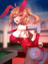 Rule 34 | 1girl, ahoge, alternate costume, animal ears, ass, ass tattoo, bare shoulders, blurry, blurry background, breasts, covered erect nipples, detached collar, elbow gloves, fake animal ears, fate/grand order, fate (series), fishnet pantyhose, fishnets, from behind, fujimaru ritsuka (female), gloves, highres, large breasts, leotard, looking at viewer, okuri banto, one side up, orange eyes, orange hair, pantyhose, playboy bunny, rabbit ears, rabbit tail, side ponytail, solo, strapless, strapless leotard, tail
