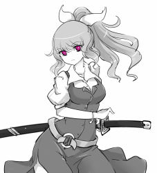 Rule 34 | 1girl, belt, bow, bracelet, breasts, collared shirt, cowboy shot, dress, expressionless, greyscale, hair bow, highres, hip focus, jewelry, looking at viewer, monochrome, ponytail, purple eyes, raptor7, shirt, side slit, sleeveless, sleeveless dress, solo, spot color, sword, thighs, touhou, watatsuki no yorihime, weapon