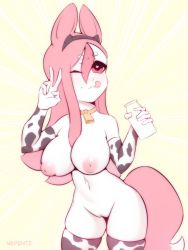 Rule 34 | 1girl, absurdres, animal ears, animal print, bottle, brand new animal, breasts, cow print, cowbell, fox ears, fox tail, furry, furry female, highres, hiwatashi nazuna, large breasts, long hair, milk bottle, nepentz, pink hair, red eyes, tail
