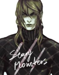 Rule 34 | 1boy, blonde hair, character name, cracked skin, diego brando, glasgow smile, highres, jojo no kimyou na bouken, long hair, male focus, monochrome, pale skin, scary monsters (stand), simple background, slit pupils, solo, steel ball run, turtleneck, upper body, v-raider