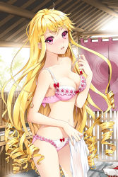 Rule 34 | 1girl, blonde hair, blush, bra, breasts, cinia pacifica, cleavage, cocoon (loveririn), drill hair, highres, legs, lingerie, long hair, looking at viewer, navel, off shoulder, open mouth, panties, pink eyes, ribbon, solo, strap slip, sword girls, underwear, underwear only, undressing, very long hair
