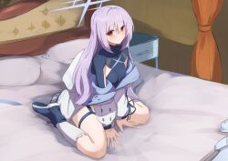 Rule 34 | 1girl, absurdres, afrody, alternate hairstyle, atsuko (blue archive), bed, bed sheet, blue archive, commentary request, curtains, eyes visible through hair, hair between eyes, hair down, halo, highres, kneehighs, long hair, long sleeves, looking at viewer, pill, purple hair, red eyes, sidelocks, sitting, smile, socks, solo, thigh strap, wariza, white socks