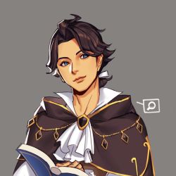 Rule 34 | 1boy, blue eyes, brown hair, cyrus (octopath traveler), gloves, jewelry, long hair, male focus, mella, octopath traveler, octopath traveler i, ponytail, short hair, simple background, smile, solo