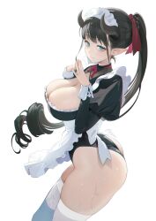 Rule 34 | 1girl, apron, ass, bare shoulders, black hair, blue eyes, blunt bangs, blush, breasts, cleavage, closed mouth, cowboy shot, demon girl, drill hair, highres, horns, large breasts, long hair, long sleeves, looking at viewer, maid, maid headdress, original, own hands together, pointy ears, ponytail, sencha bashira, simple background, skindentation, smile, solo, standing, steepled fingers, thick thighs, thighhighs, thighs, wet, white background