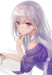 Rule 34 | 10s, 1girl, aimee (emi), aimee (origin), bad id, bare shoulders, coffee cup, counter (734671289), cup, disposable cup, dress, elf, emilia (re:zero), flower, hair flower, hair ornament, highres, light smile, long hair, looking at viewer, md5 mismatch, off-shoulder dress, off shoulder, pointy ears, portrait, purple dress, purple eyes, re:zero kara hajimeru isekai seikatsu, resolution mismatch, revision, silver hair, sleeves rolled up, solo, source larger, wide sleeves