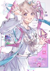 Rule 34 | 1girl, arm up, blonde hair, blue bow, blue eyes, blue hair, blue shirt, blue skirt, bow, chouzetsusaikawa tenshi-chan, cowboy shot, glitch, hair bow, highres, long hair, long sleeves, looking at viewer, multicolored hair, needy girl overdose, open mouth, pink bow, pink hair, pleated skirt, purple bow, quad tails, sailor collar, school uniform, serafuku, shirt, skirt, smile, solo, standing, tujilang, twintails, very long hair, yellow bow