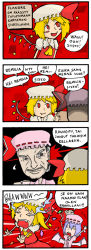 Rule 34 | &gt; &lt;, 4koma, bat wings, blush stickers, comic, cup, closed eyes, fang, female focus, finnish text, flandre scarlet, hat, josef fritzl, long image, mask, non-web source, red eyes, remilia scarlet, setz, slit pupils, tall image, tears, touhou, wings
