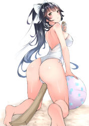 Rule 34 | 1girl, all fours, ass, azur lane, back, ball, bare arms, bare legs, bare shoulders, barefoot, beachball, black hair, bow, breasts, cameltoe, hair bow, highres, large breasts, long hair, looking at viewer, one-piece swimsuit, polka dot, ponytail, solo, swimsuit, takao (azur lane), takao (beach rhapsody) (azur lane), white background, white bow, white one-piece swimsuit, yellow eyes, yukishiro arte