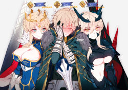 Rule 34 | ..., 1boy, 2girls, ahoge, armor, artoria pendragon (fate), artoria pendragon (lancer) (fate), artoria pendragon (lancer alter) (fate), blonde hair, blue eyes, blush, braid, breasts, cape, cleavage, closed mouth, commentary, cross, crown, dark persona, dark rhongomyniad, english commentary, excalibur galatine (fate), closed eyes, fate/grand order, fate (series), faulds, french braid, full-face blush, fur-trimmed cape, fur trim, gauntlets, gawain (fate), green cape, green eyes, hair between eyes, hand on own cheek, hand on own face, hands up, high collar, holding, holding sword, holding weapon, horns, large breasts, leaning on person, looking at another, looking at viewer, messy hair, multiple girls, navel, nervous, pacoscandy, pauldrons, polearm, red cape, rhongomyniad (fate), short hair with long locks, shoulder armor, side-by-side, smile, spear, speech bubble, standing, stomach, sweatdrop, sword, underboob, weapon, yellow eyes