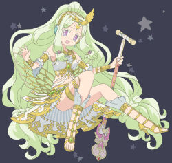 Rule 34 | 1girl, :d, armlet, bare shoulders, commentary request, forehead jewel, full body, gem, gladiator sandals, gold trim, green gemstone, green hair, headphones, high heels, holding, holding microphone, idol clothes, jewlie (pripara), ku (residual666), long hair, looking at viewer, microphone, microphone stand, midriff, open mouth, pretty series, pripara, purple eyes, sandals, shirt, sitting, skirt, smile, solo, star (symbol), very long hair, white shirt, white skirt, wings, yellow footwear