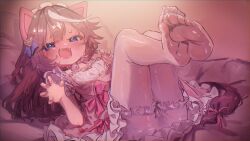 Rule 34 | 1girl, absurdres, animal ears, bell, bloomers, blue eyes, blush, bow, brown hair, claw pose, commentary request, dress, fangs, feet, feng feng (yopokaede), hair between eyes, hands up, highres, horse tail, jingle bell, legs, looking at viewer, lying, multicolored hair, neck bell, no shoes, nose blush, on back, open mouth, pantyhose, pillow, pink bow, pink dress, puffy short sleeves, puffy sleeves, short sleeves, soles, solo, streaked hair, tail, tokai teio (umamusume), umamusume, underwear, white bloomers, white hair, white pantyhose