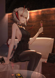 Rule 34 | 1girl, absurdres, ahoge, alternate eye color, areaaaron, arknights, bare arms, bare shoulders, bed, belt, black belt, black dress, black pantyhose, breasts, champagne flute, commentary, cup, dress, drinking glass, feet out of frame, hair between eyes, hand up, headhunting permit (arknights), highres, holding, horns, huge filesize, indoors, looking at viewer, medium breasts, nail polish, pantyhose, pillow, pink nails, short dress, short hair, sideboob, silver hair, sitting, sleeveless, sleeveless dress, smile, solo, thighband pantyhose, thighs, w (arknights), yellow eyes