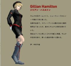 Rule 34 | 00s, 1girl, blonde hair, boots, brown background, character name, eureka seven, eureka seven (series), full body, game, gillian hamilton, gloves, green eyes, knee boots, long sleeves, new vision, shorts, simple background, solo, standing, uniform, white gloves