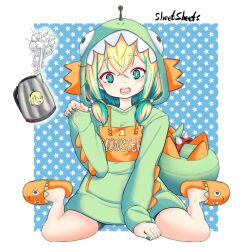 Rule 34 | 1girl, :d, amano pikamee, arm between legs, blonde hair, blue background, border, collar, commentary, dinosaur costume, dinosaur tail, electric kettle, english commentary, full body, green eyes, green hair, green hoodie, green nails, hand up, highres, hood, hood up, hoodie, kettle, looking at viewer, multicolored hair, open mouth, red collar, sharp teeth, sheetsheets, short hair, sitting, sleeves past fingers, sleeves past wrists, slippers, smile, solo, spiked collar, spikes, steam, streaked hair, tail, teeth, two-tone hair, voms, wariza, white border