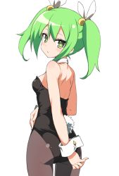 Rule 34 | 1girl, ass, back, black leotard, black pantyhose, breasts, commentary request, cowboy shot, detached collar, fake tail, from behind, gj-bu, green eyes, green hair, hair bobbles, hair ornament, hair ribbon, hatakenaka (kamagabuchi), highres, kannazuki tamaki, leotard, looking at viewer, looking back, medium hair, pantyhose, parted lips, playboy bunny, rabbit tail, ribbon, simple background, small breasts, solo, standing, strapless, strapless leotard, tail, white background, white ribbon, wrist cuffs