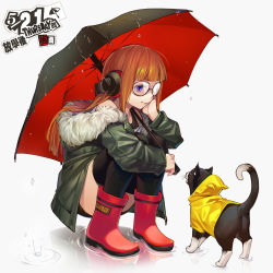 Rule 34 | 1girl, animal, bare shoulders, behind-the-head headphones, black-framed eyewear, black thighhighs, blunt bangs, boots, cat, chinese text, closed mouth, clothed animal, coat, commentary, convenient leg, full body, fur-trimmed coat, fur trim, glasses, green coat, grey background, hand on own cheek, hand on own face, headphones, highres, long hair, long sleeves, morgana (persona 5), off shoulder, open clothes, open coat, orange hair, persona, persona 5, puddle, purple eyes, red footwear, reflection, revision, rubber boots, sakura futaba, shaded face, simple background, smile, solo, squatting, straight hair, tarantulaines, thighhighs, translated, water