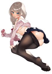Rule 34 | 1girl, ass, bare shoulders, black pantyhose, blue eyes, blush, breasts, candy, commentary request, food, grey hair, highres, lollipop, long hair, lying, medium breasts, off shoulder, on side, open mouth, original, panties, panties under pantyhose, pantyhose, school uniform, simple background, sino42, skirt, sleeves past wrists, solo, tongue, tongue out, underwear, white background, white panties