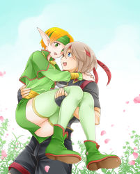 Rule 34 | 1boy, 1girl, :d, black gloves, black shirt, black shorts, blue eyes, blue sky, blush, boots, brown hair, capelet, carrying, couple, day, elf, fingerless gloves, gensou suikoden, gensou suikoden iv, gloves, green capelet, green eyes, green footwear, green headband, green shirt, green skirt, green thighhighs, hair between eyes, ham pon, headband, hetero, highres, lazlo (gensou suikoden), looking at another, open mouth, orange hair, outdoors, paula (suikoden), petals, pointy ears, red headband, shirt, short hair, shorts, skirt, sky, smile, thighhighs