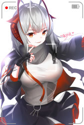 Rule 34 | 1girl, ahoge, arknights, black gloves, black jacket, black skirt, breasts, brown eyes, chinese commentary, commentary request, fingerless gloves, gloves, grey scarf, hand up, highres, horns, jacket, large breasts, lingshalan, looking at viewer, miniskirt, open clothes, open jacket, parted lips, reaching, reaching towards viewer, scarf, shirt, short hair, silver hair, simple background, skirt, smile, solo, translation request, upper body, w (arknights), white background, white shirt