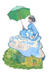 Rule 34 | 1girl, agoh3, brown hair, chin strap, closed eyes, dress, flying, from side, full body, grass print, hanbok, hand up, hat, highres, holding, holding umbrella, korean clothes, long sleeves, original, print dress, profile, simple background, skirt hold, sky print, solo, standing, umbrella, umbrella riding, updo, white background
