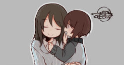 Rule 34 | 10s, 2girls, aged down, blue jacket, blue shirt, blush, brown eyes, brown hair, carrying, closed eyes, closed mouth, dress shirt, from side, frown, fud, girls und panzer, grey background, jacket, keizoku military uniform, keizoku school uniform, long hair, long sleeves, looking at another, mika (girls und panzer), military, military uniform, military vehicle, motor vehicle, multiple girls, nishizumi maho, open mouth, raglan sleeves, school uniform, shirt, short hair, simple background, smile, standing, striped clothes, striped shirt, tank, track jacket, uniform, vertical-striped clothes, vertical-striped shirt, white shirt, wing collar