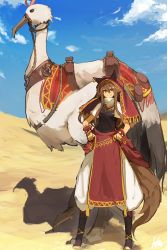 Rule 34 | 1girl, baggy pants, bird, blue sky, brown eyes, brown hair, capelet, cloud, day, desert, hair between eyes, hands on own hips, jewelry, lansane, long hair, looking at viewer, necklace, original, outdoors, pants, pelvic curtain, saddle, sky, smile, solo, standing, tail, tsana (lansane), wolf tail, wrist cuffs