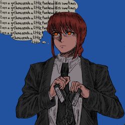 Rule 34 | 1girl, black jacket, black necktie, blue background, braid, breaking, chainsaw man, commentary, english commentary, english text, eyebrows hidden by hair, formal, highres, jacket, makima (chainsaw man), necktie, orange eyes, red hair, sidelocks, single braid, solo, suit, thought bubble, toasty rolls, upper body, videocassette