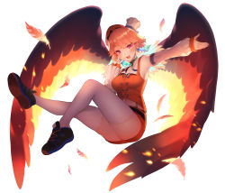 Rule 34 | 1girl, blush, breasts, chef hat, choker, detached sleeves, earrings, feather earrings, feathered wings, feathers, hase neet, hat, highres, hololive, hololive english, jewelry, looking at viewer, medium breasts, navel, open mouth, orange hair, red eyes, ribbon choker, skirt, solo, takanashi kiara, takanashi kiara (1st costume), thighhighs, virtual youtuber, white background, white thighhighs, wings
