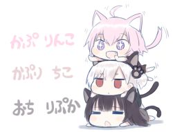 Rule 34 | + +, 3girls, :d, = =, ahoge, animal ears, bad id, bad pixiv id, blush, brown hair, capriccio, cat ears, cat girl, cat tail, chibi, closed eyes, closed mouth, commentary request, fang, hair between eyes, hair ornament, kaburi chiko, lying, multiple girls, ochi ripca, on person, on stomach, one side up, open mouth, original, outstretched arms, paw hair ornament, pink hair, purple eyes, red eyes, silver hair, smile, tail, translation request, white background
