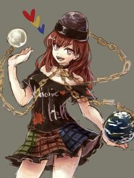Rule 34 | 1girl, bare shoulders, breasts, chain, checkered clothes, checkered skirt, cleavage, clothes writing, collarbone, cowboy shot, earth (ornament), hecatia lapislazuli, miniskirt, moon (ornament), multicolored clothes, multicolored skirt, namuko, off shoulder, red eyes, red hair, skirt, slit pupils, solo, touhou