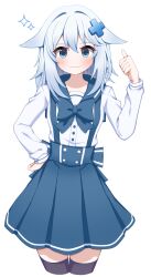 Rule 34 | 1girl, :3, absurdres, black thighhighs, blue eyes, blue skirt, blush, closed mouth, commentary request, cropped legs, gosegu, grey hair, hair between eyes, hair intakes, hair ornament, hand on own hip, hand up, highres, korean commentary, long hair, long sleeves, looking at viewer, pleated skirt, puffy long sleeves, puffy sleeves, shirt, simple background, skirt, smile, solo, sprout (haji s), suspender skirt, suspenders, thick eyebrows, thighhighs, virtual youtuber, waktaverse, white background, white shirt, x hair ornament