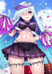 Rule 34 | 1girl, black shirt, black skirt, blue hair, blue sky, blush, breasts, brynhildr (cheer for master) (fate), brynhildr (fate), cheerleader, cloud, commentary request, confetti, contrail, cowboy shot, crop top, day, eyes visible through hair, fate/grand order, fate (series), from below, hair over one eye, hands up, heart, highres, large breasts, long hair, looking at viewer, midriff, miniskirt, nano (syoutamho), navel, nose blush, open mouth, outdoors, pleated skirt, pom pom (cheerleading), purple eyes, shiny skin, shirt, skindentation, skirt, sky, sleeveless, sleeveless shirt, solo, sparkle, standing, stomach, straight hair, thighlet, underboob, very long hair, visor cap, wavy mouth