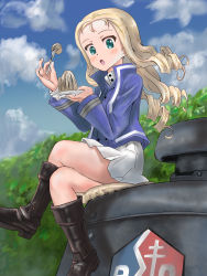 Rule 34 | 1girl, :o, bc freedom (emblem), bc freedom military uniform, black footwear, blonde hair, blue jacket, blue vest, blush, boots, commentary, crossed legs, dress shirt, drill hair, emblem, food, fork, ft-17, girls und panzer, green eyes, high collar, highres, holding, holding food, holding fork, holding plate, jacket, knee boots, long hair, long sleeves, looking at viewer, marie (girls und panzer), military, military vehicle, mont blanc (food), motor vehicle, plate, shirt, sitting, skirt, solo, sudou heichou, tank, vest, white shirt, white skirt