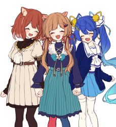 Rule 34 | 3girls, :d, ^ ^, amamiya kokoro, animal ears, asymmetrical legwear, bell, blue bow, blue hair, blue jacket, blue pantyhose, blue ribbon, blue shirt, blue skirt, blush, bow, brown dress, brown eyes, brown hair, brown legwear, closed eyes, commentary request, deer ears, dress, eli conifer, fang, flower, girl sandwich, gradient hair, hair bell, hair ornament, hair ribbon, hairclip, holding hands, interlocked fingers, jacket, jingle bell, layered sleeves, long hair, long sleeves, mismatched legwear, multicolored hair, multiple girls, nijisanji, open clothes, open jacket, open mouth, pantyhose, pleated dress, pleated skirt, puffy long sleeves, puffy short sleeves, puffy sleeves, ratna petit, red legwear, red panda ears, red ribbon, ribbon, sandwiched, shirt, short over long sleeves, short sleeves, simple background, skirt, sleeves past wrists, smile, striped clothes, striped skirt, thighhighs, twintails, vertical-striped clothes, vertical-striped skirt, very long hair, virtual youtuber, white background, white flower, white legwear, white neckwear, white ribbon, white shirt, x hair ornament, yamabukiiro, yellow ribbon