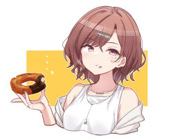 Rule 34 | ..., 1girl, :t, absurdres, azu ankoowl, bare shoulders, breasts, brown hair, closed mouth, collarbone, commentary, cropped torso, eating, food, food on face, hair ornament, hairclip, hand up, highres, higuchi madoka, holding, holding food, idolmaster, idolmaster shiny colors, off shoulder, purple eyes, shirt, small breasts, solo, swept bangs, symbol-only commentary, tank top, two-tone background, upper body, white background, white shirt, white tank top, yellow background