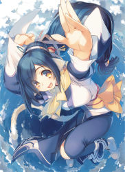 Rule 34 | 10s, 1girl, :d, amazuyu tatsuki, animal ears, arms up, blue hair, breasts, eyes visible through hair, foreshortening, hair ornament, hair stick, highres, japanese clothes, kuon (utawarerumono), large breasts, long hair, looking at viewer, low-tied long hair, non-web source, obi, open mouth, outdoors, sash, scarf, smile, solo, swept bangs, tabi, tail, utawarerumono, utawarerumono: itsuwari no kamen, very long hair