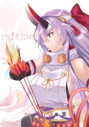 Rule 34 | 1girl, bare shoulders, between fingers, blurry, blurry foreground, bow, breasts, burning, commentary request, depth of field, fate/grand order, fate (series), fire, hair between eyes, hair bow, headband, highres, holding, horns, long hair, looking away, medium breasts, oni, oni horns, profile, purple hair, red bow, red eyes, shirt, sleeveless, sleeveless shirt, solo, tapioka (oekakitapioka), tomoe gozen (fate), upper body, very long hair, white headband, white shirt