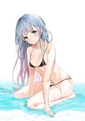 Rule 34 | 1girl, artist name, bad id, bad pixiv id, bikini, black bikini, blue eyes, blue hair, breasts, cleavage, closed mouth, commentary, emyo, full body, head tilt, horns, long hair, looking at viewer, no shoes, original, partially submerged, pointy ears, sitting, small breasts, solo, strap gap, string bikini, swimsuit, thighhighs, wariza, wet, white thighhighs