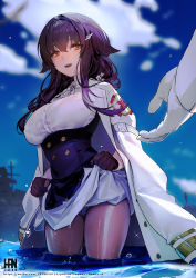 Rule 34 | 1boy, 1girl, azuma (azur lane), azur lane, blurry, blurry background, bra, breasts, clothes lift, cowboy shot, crotch seam, day, depth of field, flower, gloves, hair flaps, hair flower, hair ornament, half gloves, han-0v0, highres, jacket, jacket on shoulders, large breasts, lifting own clothes, long hair, orange eyes, outdoors, panties, panties under pantyhose, pantyhose, purple gloves, purple hair, see-through, sidelocks, skirt, skirt lift, smile, solo focus, underbust, underwear, wading, weibo watermark, white bra, white gloves, white panties