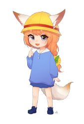 Rule 34 | alternate costume, animal ears, bad id, bad pixiv id, blue eyes, blue footwear, blue skirt, child, eight-tailed fox nari, flat chest, fox ears, fox girl, fox tail, full body, guardian tales, hand up, hat, highres, kindergarten uniform, looking at viewer, open mouth, orange hair, school hat, sinlu, skirt, solo, tail, white background