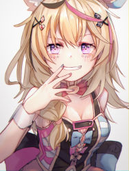 Rule 34 | 1girl, animal ears, antenna hair, black hair, blonde hair, blue nails, bow, bowtie, braid, fang, fingernails, fox ears, grey background, grin, hair ornament, hairclip, hand to own mouth, hand up, hololive, long hair, looking at viewer, messy hair, multicolored hair, multicolored nails, nail polish, omaru polka, omaru polka (1st costume), playing card theme, purple eyes, red nails, showgirl skirt, side braid, simple background, smile, solo, streaked hair, upper body, virtual youtuber, wrist cuffs, ydpfa