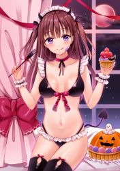 Rule 34 | 1girl, :q, bikini, black bikini, black ribbon, black thighhighs, bow, breasts, brown hair, choker, collarbone, commentary request, crescent, curtains, demon horns, demon tail, food, food on face, fork, frills, front-tie bikini top, front-tie top, hair ribbon, halloween, head tilt, holding, holding food, holding fork, horns, indoors, jack-o&#039;-lantern, licking lips, long hair, looking at viewer, maid, maid bikini, maid headdress, medium breasts, moon, neck ribbon, night, original, pink choker, purple eyes, red bow, red moon, red ribbon, ribbon, sakura hiyori, sitting, solo, swimsuit, tail, tart (food), thighhighs, tongue, tongue out, two side up, unconventional maid, window, wrist cuffs