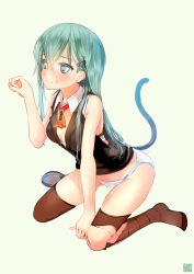 Rule 34 | 10s, 1girl, aqua eyes, aqua hair, bare arms, blush, breasts, cat tail, cleavage, kantai collection, kneeling, long hair, looking away, md5 mismatch, medium breasts, miyabi (miyabi), panties, resolution mismatch, solo, source larger, suzuya (kancolle), tail, thighhighs, torn clothes, torn thighhighs, underwear