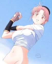 Rule 34 | 1girl, blush, breasts, brown eyes, dragon quest, dragon quest dai no daibouken, fingerless gloves, gloves, highres, large breasts, looking at viewer, maam, navel, nori (norimakigumo), pink hair, short hair, simple background, solo