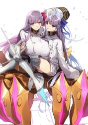 Rule 34 | 2girls, armored boots, blue eyes, blue ribbon, blush, boots, breasts, buttons, corrupted twitter file, double-breasted, fate/extra, fate/extra ccc, fate/grand order, fate (series), hair ribbon, highres, huge breasts, jacket, long hair, long sleeves, looking at viewer, meltryllis (fate), multiple girls, no-kan, passionlip (fate), pink eyes, pink ribbon, prosthesis, prosthetic leg, purple hair, ribbon, sleeves past fingers, sleeves past wrists, small breasts, smile, tongue, tongue out, very long hair, white jacket