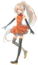 Rule 34 | 633b, absurdres, bare shoulders, black gloves, black thighhighs, blonde hair, boots, dress, elbow gloves, flat chest, full body, gloves, green eyes, headset, high ponytail, highres, long hair, looking at viewer, orange dress, simple background, smile, solo, standing, thigh boots, thighhighs, transparent background, utau, very long hair, white background